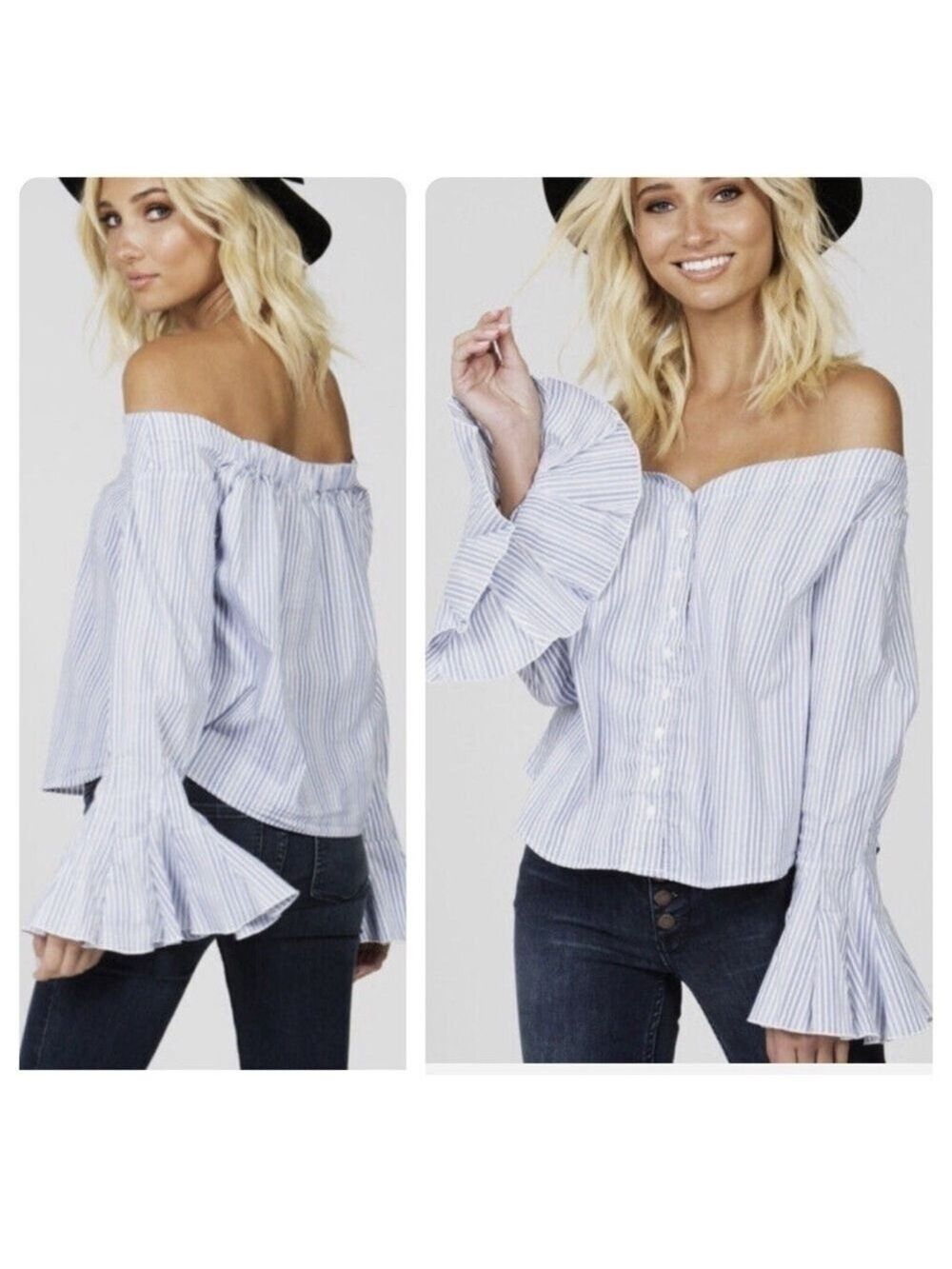 FREE PEOPLE March To the Beat Off Shoulder Top Blue White Striped Size Small